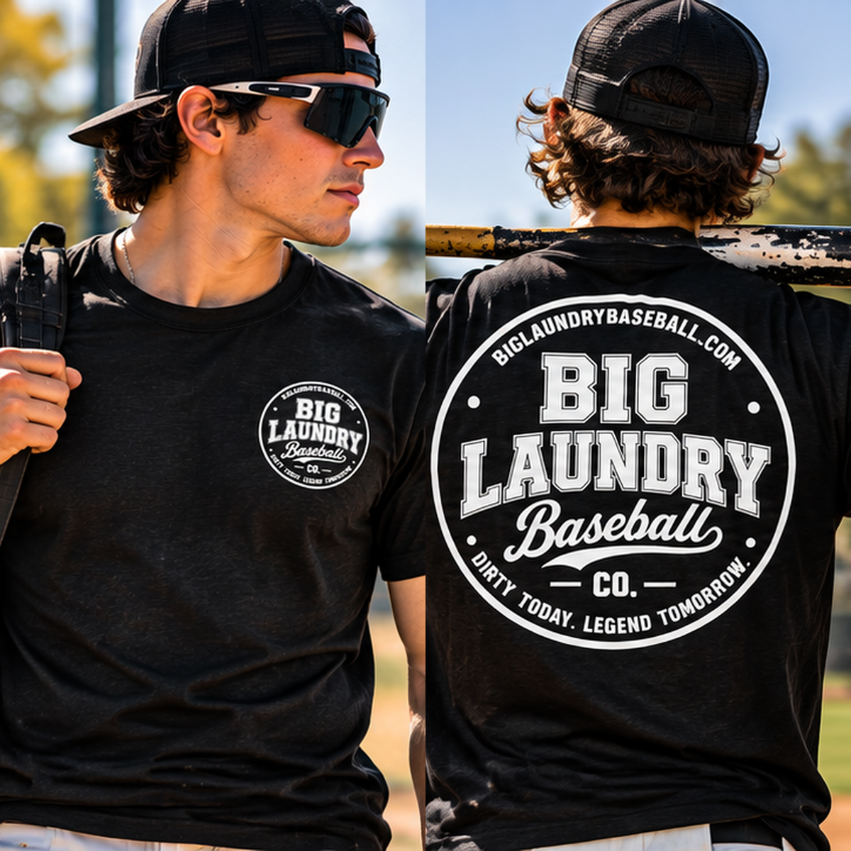 Classic Adult Tee - Black, front left-chest logo and back Big Laundry Baseball logo