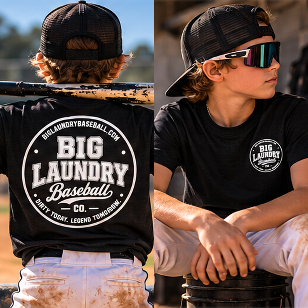 Classic Youth Tee - Black, back Big Laundry Baseball logo and front left-chest logo